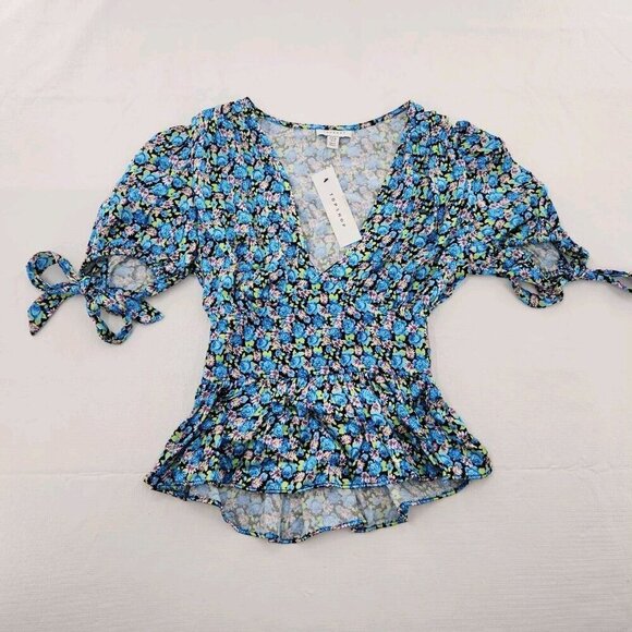 TOPSHOP WOMENS SIZE 4 FLORAL SATIN PELUM TOP IN MID BLUE - Picture 1 of 6